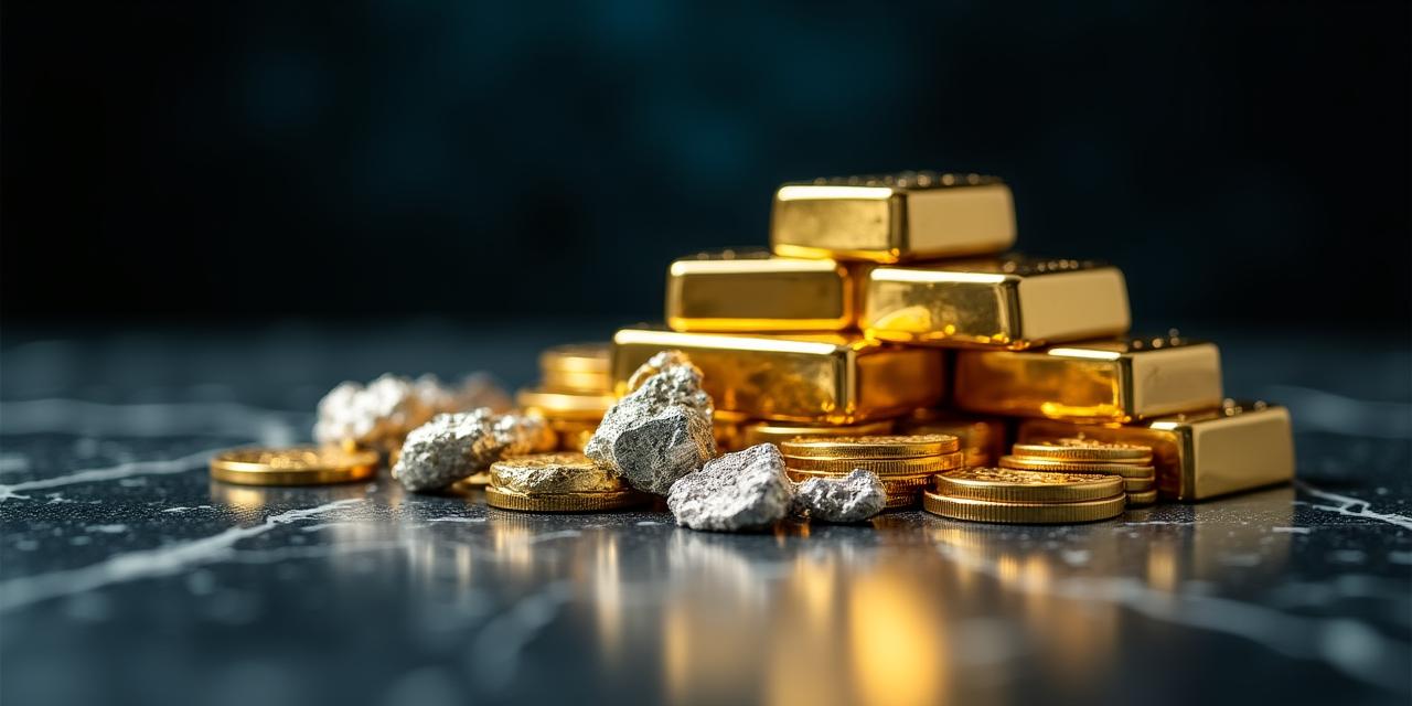 การจัดวางทองคำแท่ง เหรียญเงิน และแพลทินัมอย่างสวยงามบนพื้นหลังที่ดูหรูหรา